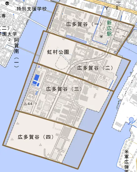 広多賀谷とその周辺の地図。町の範囲を重ねている