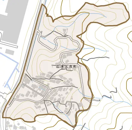 広津久茂町とその周辺の地図。町の範囲を重ねている