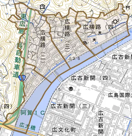 広横路とその周辺の地図。町の範囲を重ねている