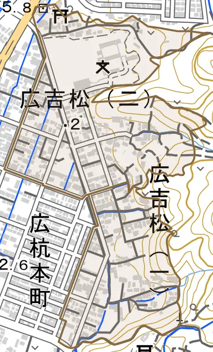 広吉松とその周辺の地図。町の範囲を重ねている