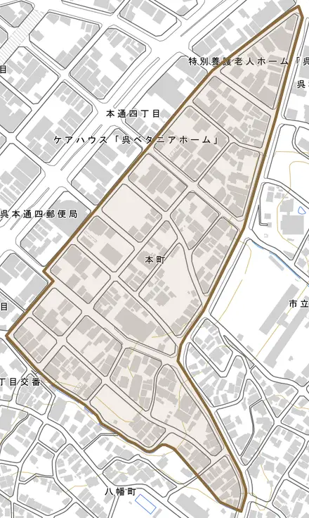 本町とその周辺の地図。町の範囲を重ねている
