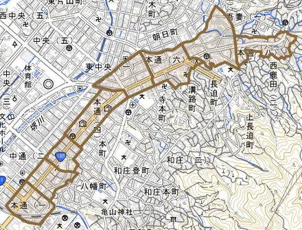 本通とその周辺の地図。町の範囲を重ねている