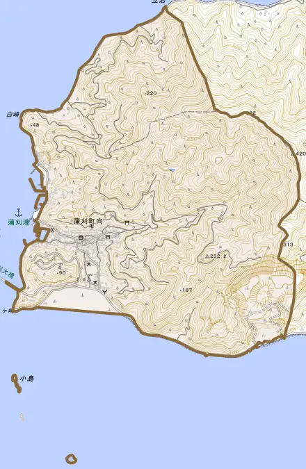 蒲刈町向とその周辺の地図。町の範囲を重ねている