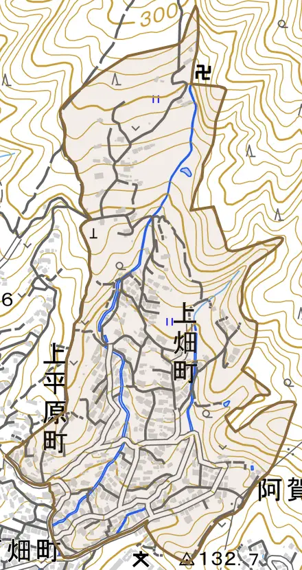 上畑町とその周辺の地図。町の範囲を重ねている