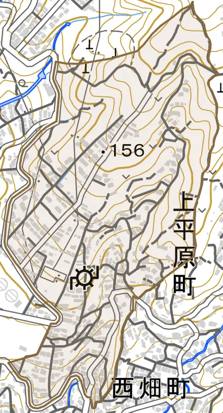 上平原町とその周辺の地図。町の範囲を重ねている