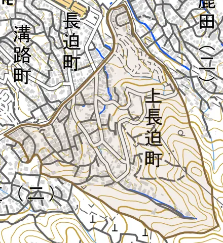 上長迫町とその周辺の地図。町の範囲を重ねている