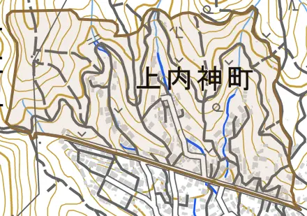 上内神町とその周辺の地図。町の範囲を重ねている