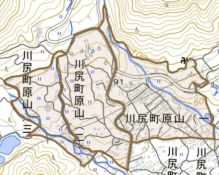 川尻町原山とその周辺の地図。町の範囲を重ねている