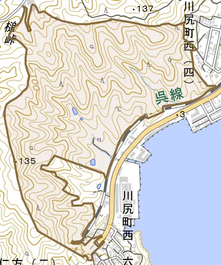 川尻町岩戸とその周辺の地図。町の範囲を重ねている