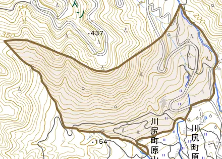 川尻町上畑とその周辺の地図。町の範囲を重ねている