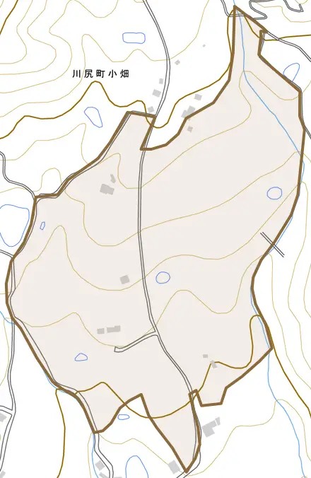 川尻町小畑とその周辺の地図。町の範囲を重ねている