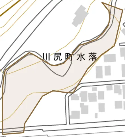 川尻町水落とその周辺の地図。町の範囲を重ねている