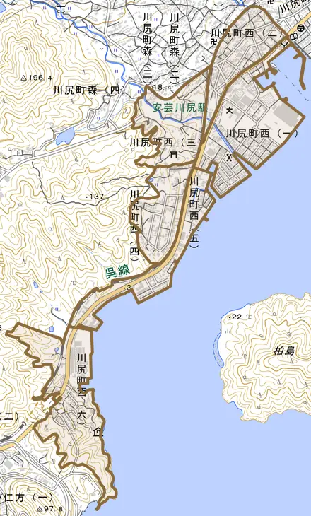川尻町西とその周辺の地図。町の範囲を重ねている