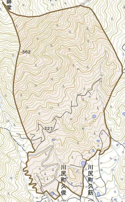 川尻町大原とその周辺の地図。町の範囲を重ねている