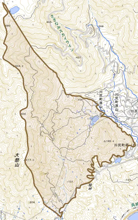 川尻町後懸とその周辺の地図。町の範囲を重ねている