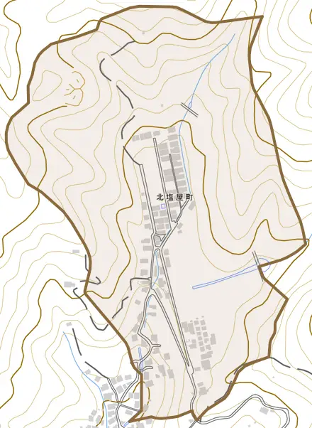 北塩屋町とその周辺の地図。町の範囲を重ねている