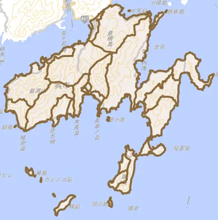 倉橋町とその周辺の地図。町の範囲を重ねている