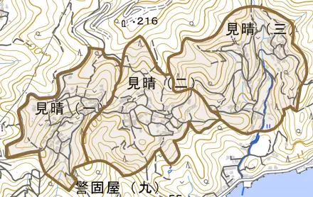 見晴とその周辺の地図。町の範囲を重ねている
