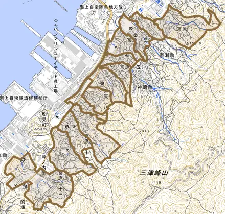 宮原とその周辺の地図。町の範囲を重ねている