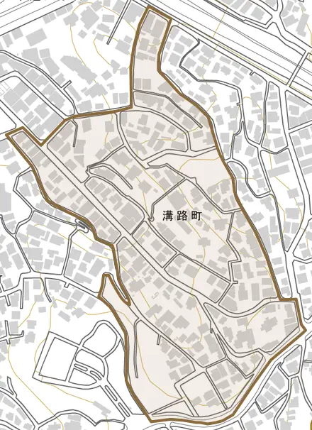 溝路町とその周辺の地図。町の範囲を重ねている