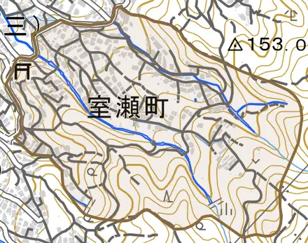 室瀬町とその周辺の地図。町の範囲を重ねている