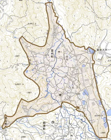 苗代町とその周辺の地図。町の範囲を重ねている