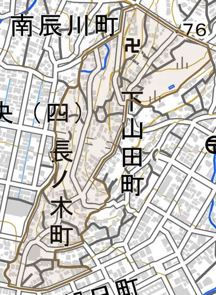 長ノ木町とその周辺の地図。町の範囲を重ねている