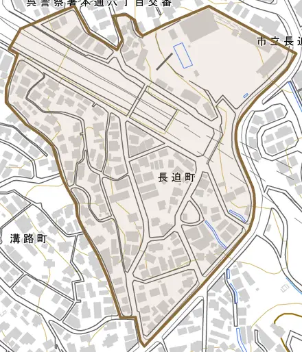 長迫町とその周辺の地図。町の範囲を重ねている