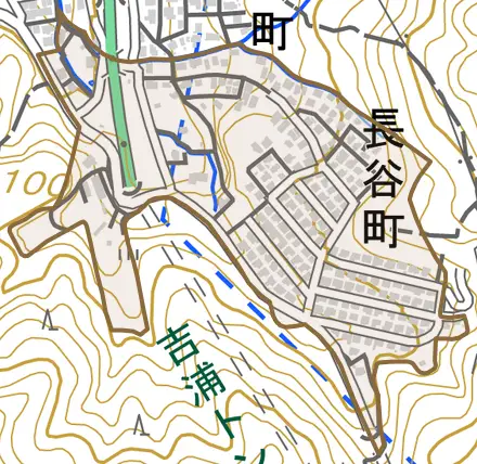 長谷町とその周辺の地図。町の範囲を重ねている