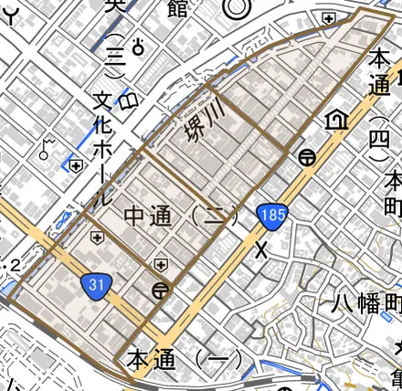 中通とその周辺の地図。町の範囲を重ねている
