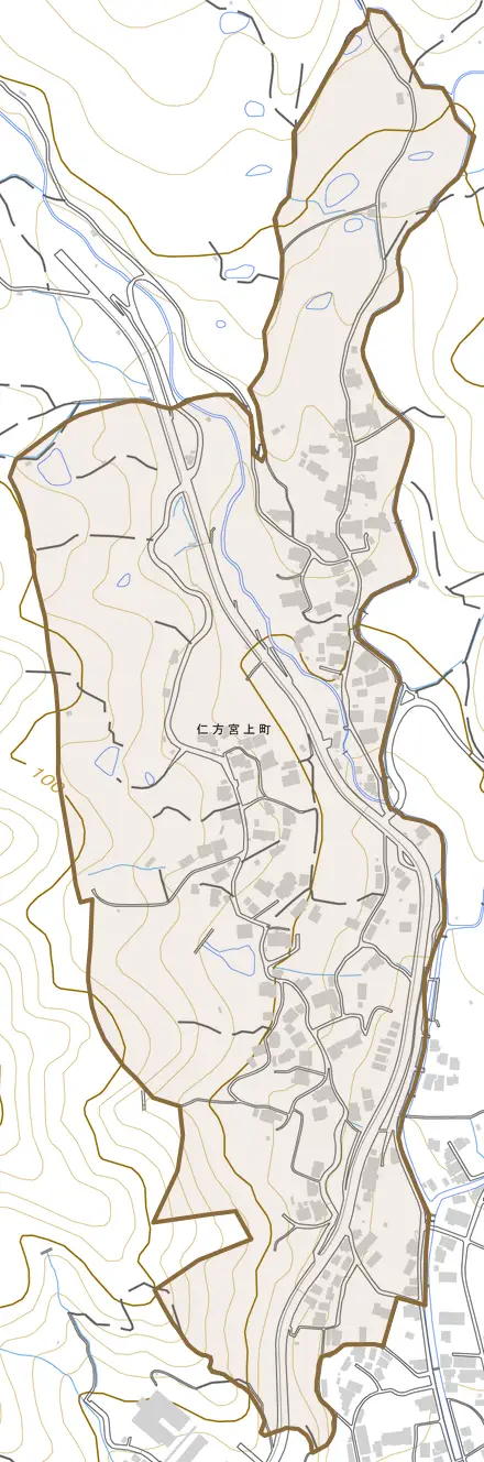 仁方宮上町とその周辺の地図。町の範囲を重ねている