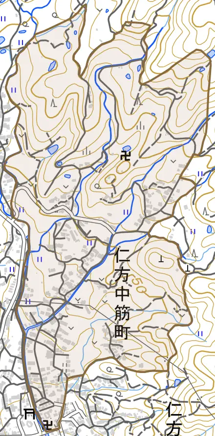 仁方中筋町とその周辺の地図。町の範囲を重ねている