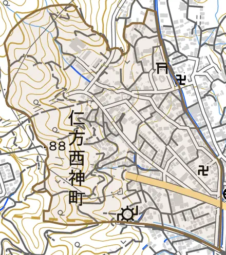 仁方西神町とその周辺の地図。町の範囲を重ねている