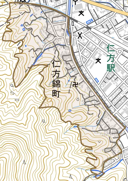 仁方錦町とその周辺の地図。町の範囲を重ねている
