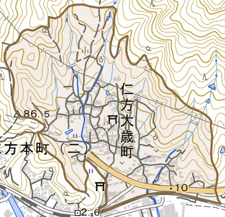 仁方大歳町とその周辺の地図。町の範囲を重ねている