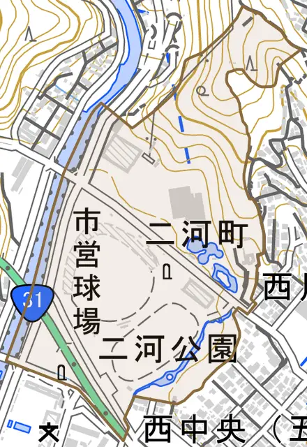 二河町とその周辺の地図。町の範囲を重ねている