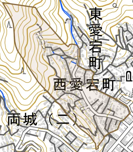 西愛宕町とその周辺の地図。町の範囲を重ねている