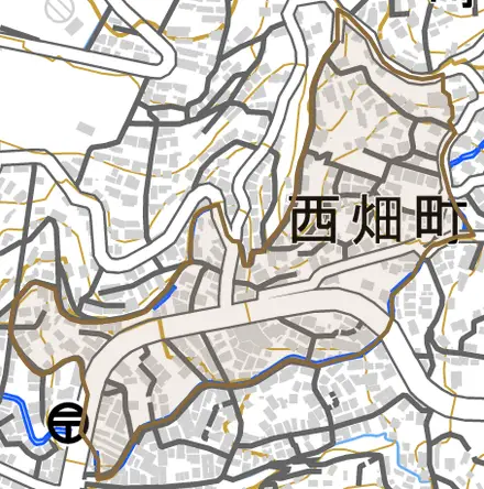 西畑町とその周辺の地図。町の範囲を重ねている