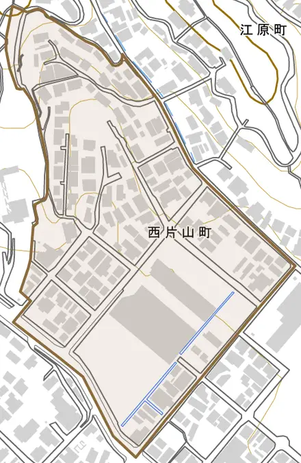 西片山町とその周辺の地図。町の範囲を重ねている