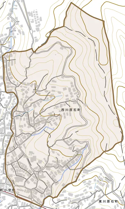 西川原石町とその周辺の地図。町の範囲を重ねている