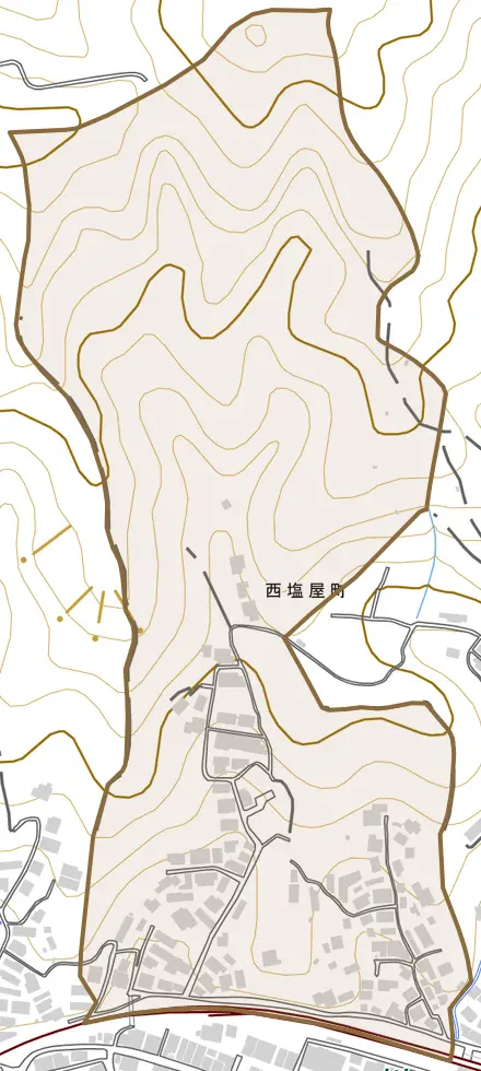 西塩屋町とその周辺の地図。町の範囲を重ねている