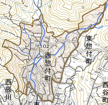 西惣付町とその周辺の地図。町の範囲を重ねている