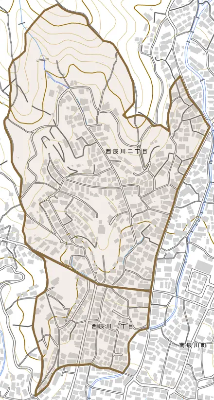 西辰川とその周辺の地図。町の範囲を重ねている