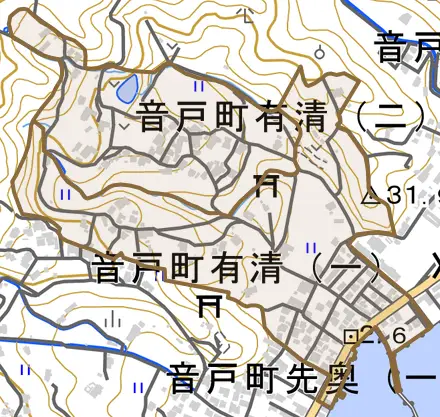 音戸町有清とその周辺の地図。町の範囲を重ねている