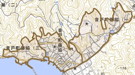 音戸町藤脇とその周辺の地図。町の範囲を重ねている
