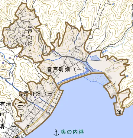 音戸町畑とその周辺の地図。町の範囲を重ねている