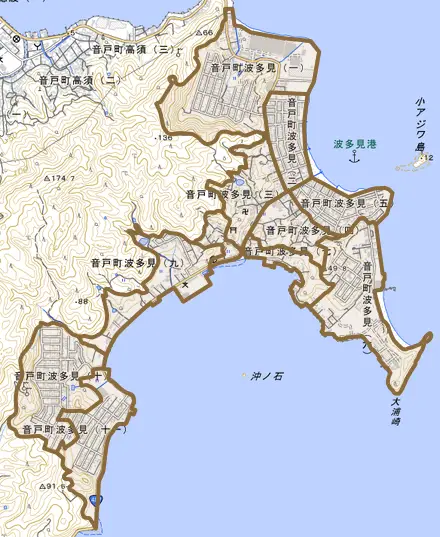 音戸町波多見とその周辺の地図。町の範囲を重ねている