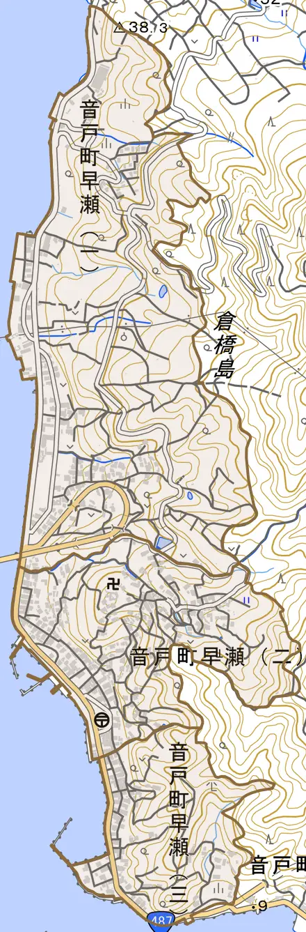音戸町早瀬とその周辺の地図。町の範囲を重ねている