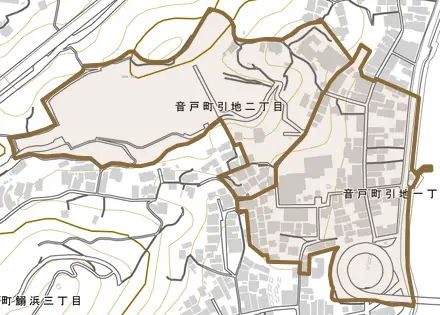 音戸町引地とその周辺の地図。町の範囲を重ねている