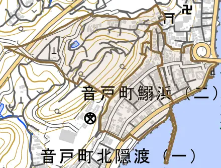 音戸町鰯浜とその周辺の地図。町の範囲を重ねている